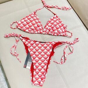 Diesel Red and White Triangle Print Crop Bikini Top